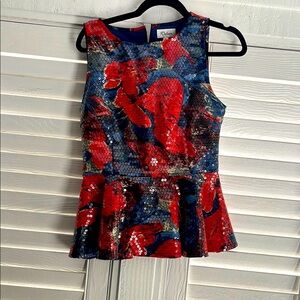Anthro Red and Blue Sequin Peplum Top size 6